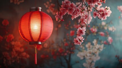 Fototapeta premium A red hanging lantern against a floral background, representing traditional holiday celebrations, perfect for festival invitations and cultural designs.