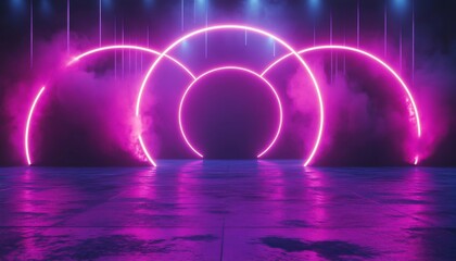 Futuristic Neon Stage. Modern Neon Light Stage with Reflective Floor. Cyberpunk Arena with Purple and Blue Neon Lights. Abstract 3D Neon Stage Background.
