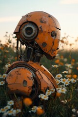A rusty, orange and yellow mech robot standing in a field of flowers.