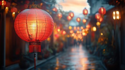 A red lantern hangs in an Asian street setting, providing a traditional festive design for Chinese...