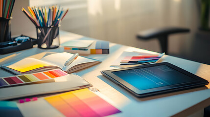 A white desk with a tablet, notebooks, color swatches, pens, and pencils, bathed in warm light.