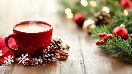 Coffee cup and Christmas decoration for coffee shop, Christmas atmosphere, studio lights, background, white lights
