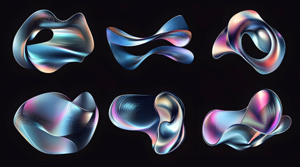 Abstract iridescent shapes with metallic texture on black background.
