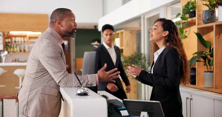 Businessman, woman and angry at cafe with stress, argument and complaint for bad service at hotel....