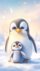 Fototapeta premium A close-up of an Emperor penguin family, with an adult penguin standing protectively over a fluffy, gray chick on a snowy plain. The Antarctic background is vast and white with subtle blue tones, and 