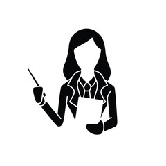 A modern, minimalist icon depicting a professional woman leading a team in a business meeting. The icon features clean lines and simple shapes, representing a confident female leader