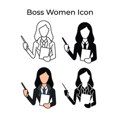 A modern, minimalist icon depicting a professional woman leading a team in a business meeting. The icon features clean lines and simple shapes, representing a confident female leader