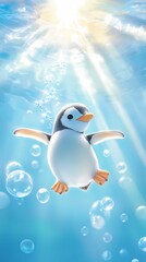 Naklejka premium An underwater shot of a penguin diving gracefully, surrounded by bubbles as it swims through clear, icy blue water. Sunlight streams down from above, illuminating the penguin’s streamlined body and sl
