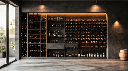 row of sleek, modern wine racks with assorted wine bottles neatly organized, symbolizing sophistication, luxury, and refined taste. This arrangement reflects elegance and an appreciation for fine wine