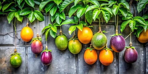Ripe Passion Fruit Hanging on a Tree with Exposed Cement Wall Background - A Unique Blend of Nature and Urban Aesthetics