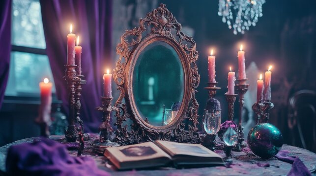 Enchanting scrying mirror adorned with candles and crystals for a magical and mystical ambiance.
