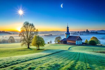 Serene Morning in Germany: A Dew-Frosted Green Meadow Under a Blue Sky with Rising Sun, Moon, and Venus – Perfectly Captured Architectural Landscape