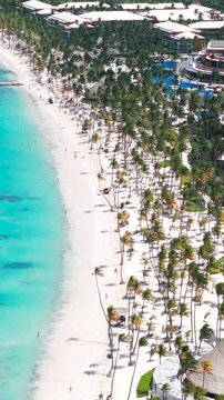 Vertical aerial flight above white sand beach with many all inclusive hotels in Punta Cana. Turquoise water, tall palm trees and straw umbrellas on the coast. Best place for summer vacations