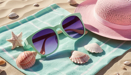 Stylish sunglasses and seashells on a sandy beach, the perfect summer accessory.