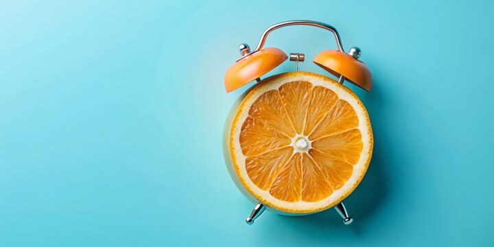 Surreal Creative Concept of Fresh Orange Slice Alarm Clock on Pastel Blue Background for Innovative Advertising and Marketing Communications Ideas