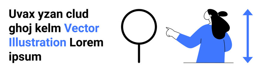 Woman pointing at a circular object with adjacent vertical arrow and text block. Ideal for presentations, infographics, tutorials, websites, marketing materials, educational content. Banner