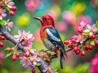Surreal Scene of a Redbreasted Sapsucker on a Crabapple Branch Amidst a Dreamy Blurred Background, Capturing the Essence of Nature's Beauty in Vivid Colors