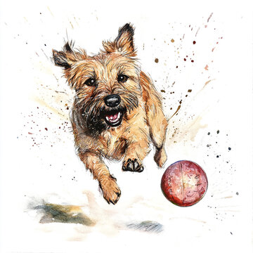 Border Terrier Running After A Bouncing Ball Full of Energy and Excitement