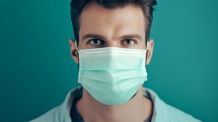 Portrait of a young man wearing a surgical mask against a teal background during the daytime, highlighting expressions of concern and awareness