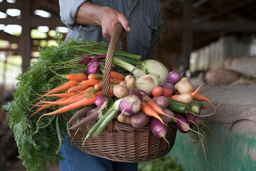Farmer carrying a basket of freshly harvested vegetables