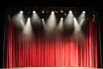 Empty stage with red curtains and spotlight beams
