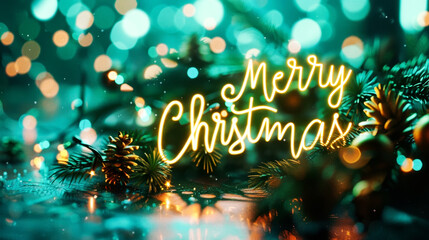 Festive christmas scene with glowing Merry Christmas sign and bokeh lights
