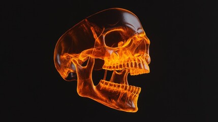 glowing mandible anatomy study, fluorescent orange highlights, crystalline bone detail, professional medical rendering, deep shadow contrast, sophisticated diagnostic imaging style
