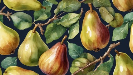 Vibrant pear pattern with leaves, artistic watercolor design on dark background