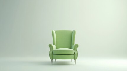 A single green armchair sits in an empty room, showcasing its elegant design and inviting presence. The soft, muted tones of the chair and background create a serene and minimalist atmosphere.