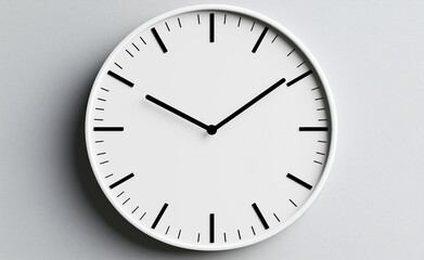 Minimalist round wall clock with a simple, white face and black hands against a light background.