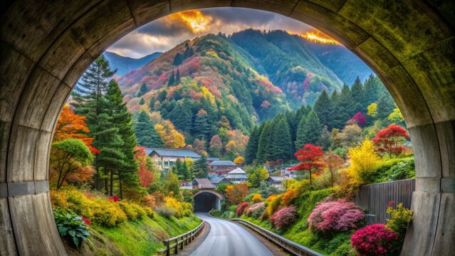 Vibrant Macro Photography of the Tunnel Exit in Tonemachi, Numata City, Gunma Prefecture, Showcasing the Intricate Details of Nature and Urban Life in a Unique Setting