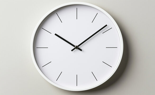 Minimalist round wall clock with a simple, white face and black hands against a light background. - Powered by Adobe