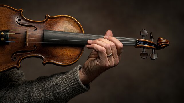 expert violinist's graceful hand posture, lustrous varnished wood surface, muted earth tones, diffused background illumination, artisanal craftsmanship highlight, soulful musical narrative, fine art