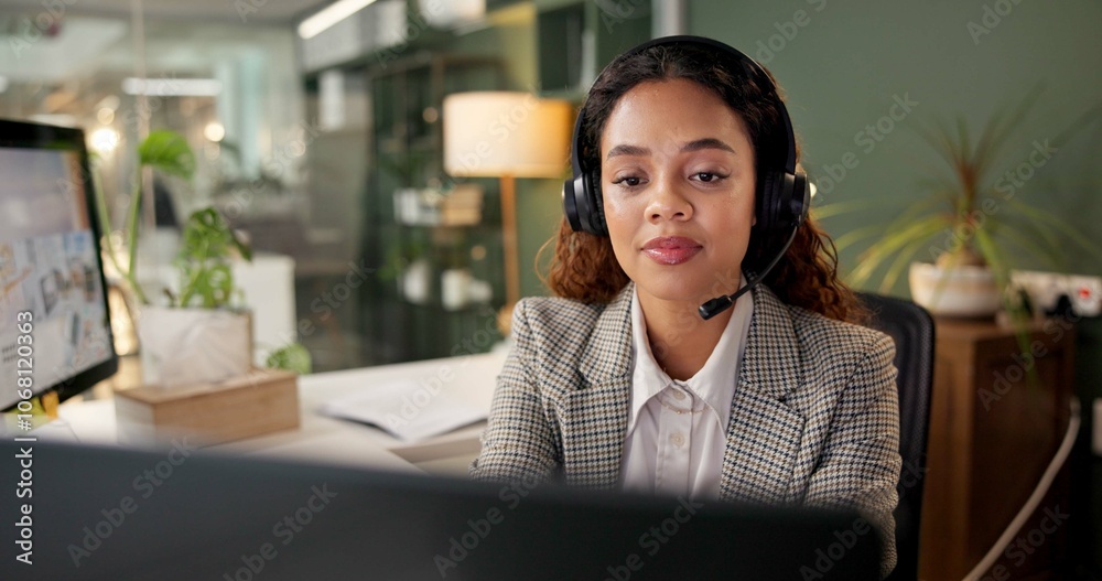 Poster woman, call center and reading with computer at night, headphones and mic for customer support in of