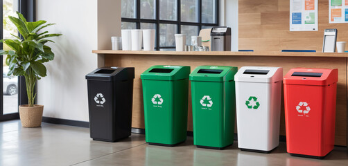Colorful recycle bins promote environmental responsibility.