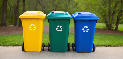 Colorful recycle bins promote environmental responsibility.