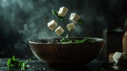 dynamic food levitation shot, rustic pottery bowl, floating tofu squares, emerald seaweed garnish, moody culinary photography, misty steam effects, dramatic lighting, minimalist presentation