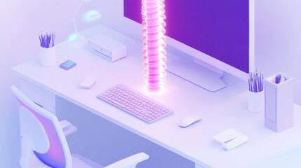 digital workspace health diagram, spine stress illustration, modern office setting, anatomical visualization style, clean minimal design, glowing vertebrae indication, professional desk layout