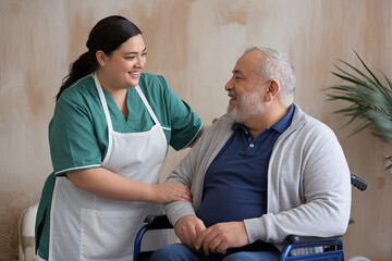 Obraz premium Plus-size nurse assisting a patient in a wheelchair with a kind smile
