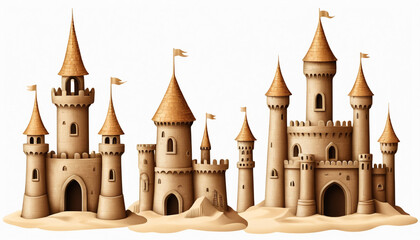 Obraz premium Majestic sandcastle kingdom on a pristine beach white background