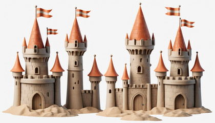 Obraz premium Majestic sandcastle kingdom on a pristine beach white background