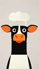 Minimalist vector illustration of a cartoon cow wearing a chef's hat, with bold, simple shapes and bright colors