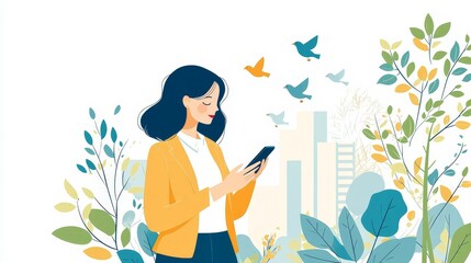 Woman with Smartphone in Yellow Jacket Surrounded by Birds and Trees Illustration