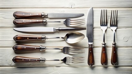 Vintage Style Photography of a Steel Kitchen Knife and Table Cutlery Set Isolated on a White Background, Perfect for Culinary and Kitchenware Stock Images