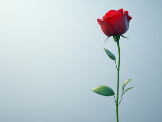 Fototapeta premium A single red rose, isolated on a white background, with a long green stem and a few leaves