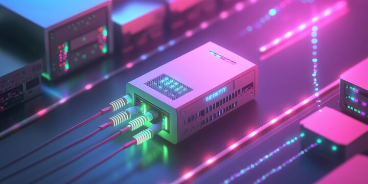 A 3D image shows a server in a data center connected to a modem and Wi-Fi router. The server is also linked to a database using an optical cable.