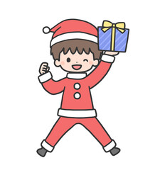 プレゼントを持ってジャンプするサンタコスチュームの男の子