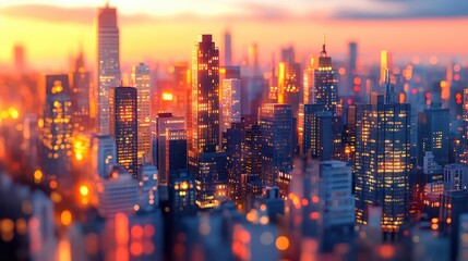 Obraz premium Stunning Aerial View of Modern City Skyline at Sunset with Vibrant Lights and Skyscrapers Illuminating the Urban Landscape