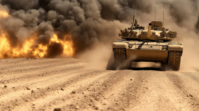A military tank driving through a desert landscape with an explosion and clouds of dust in the background.