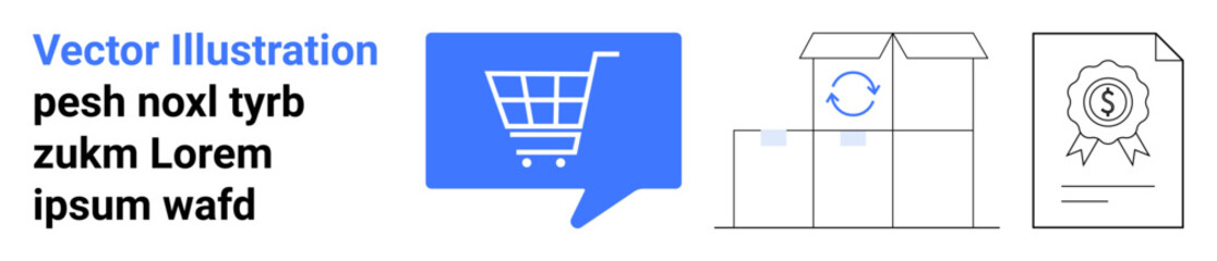 Shopping cart inside speech bubble with blocks, circular arrows, and a certificate. Ideal for online shopping, shipping, logistics, customer service, quality assurance, e-commerce businesses, retail